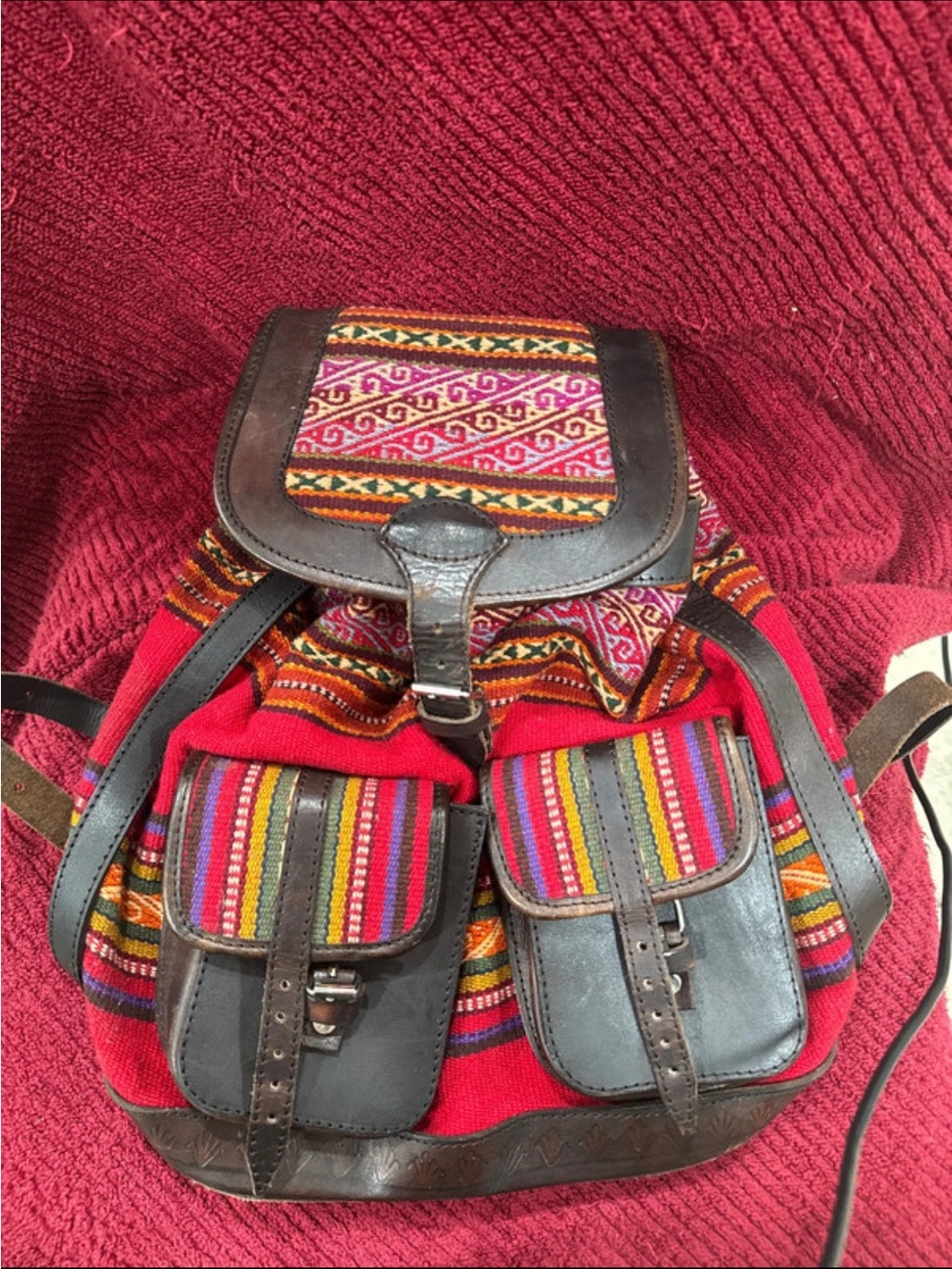 Bohemian Red Woven Backpack with Leather Trim
